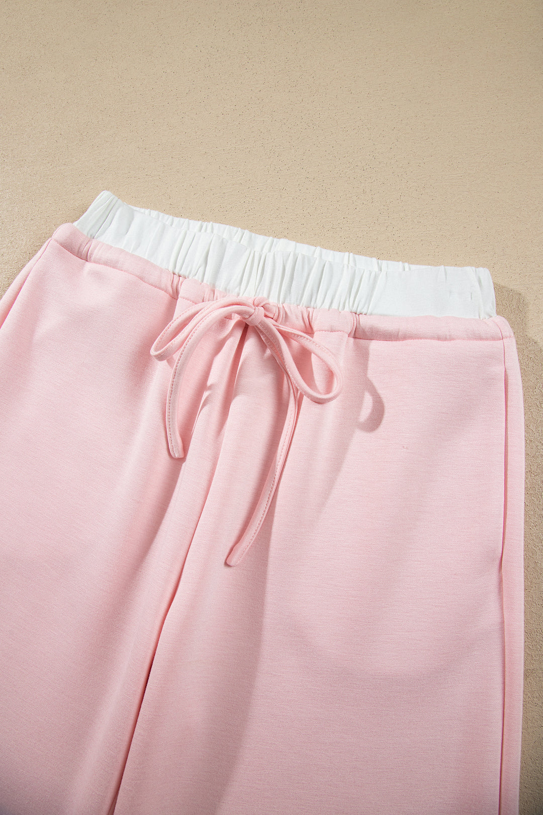 Pink Color Contrast Overlay Long Sleeve Top Drawstring Loose Pant Set
