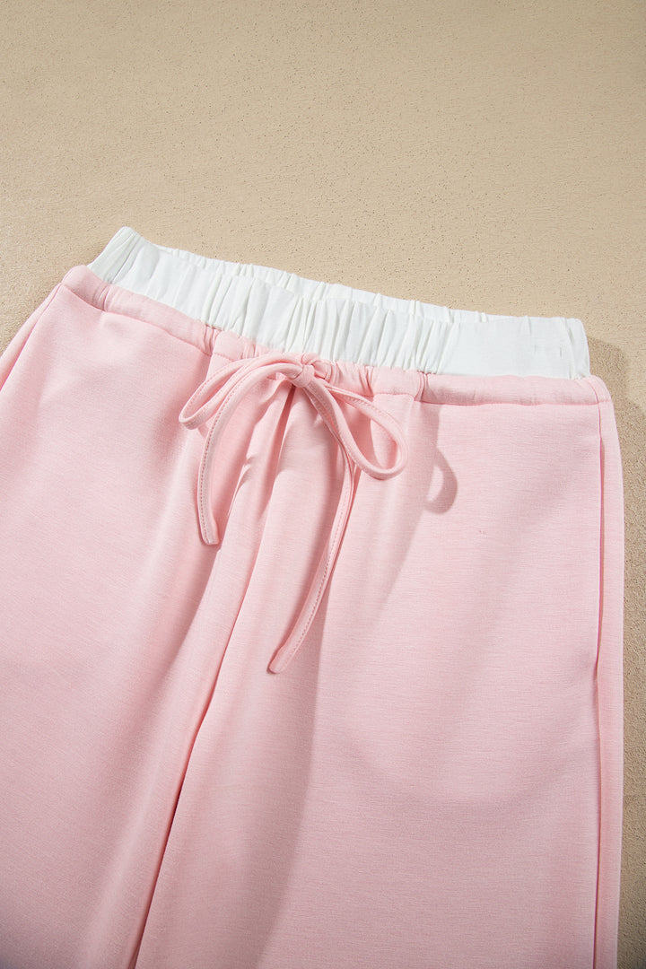 Pink Color Contrast Overlay Long Sleeve Top Drawstring Loose Pant Set