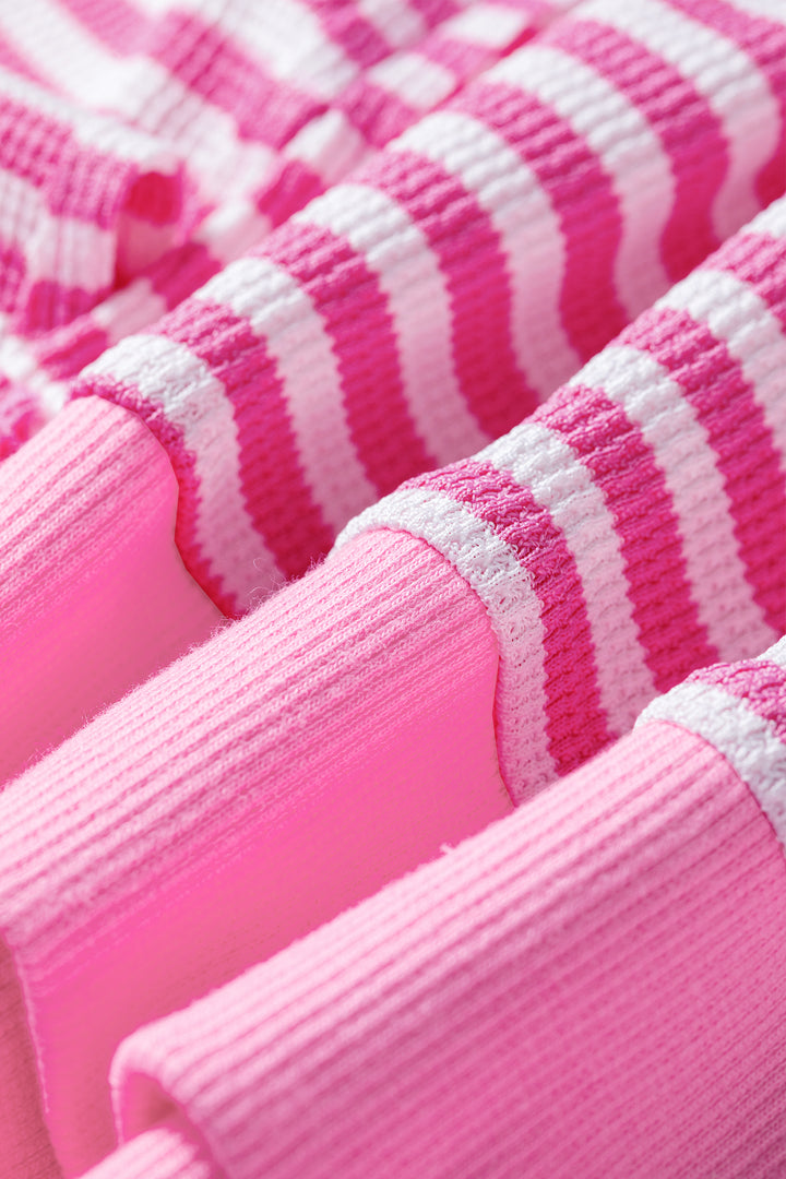 Pink Stripe Textured Knit Trim Split Hem Long Sleeve Top