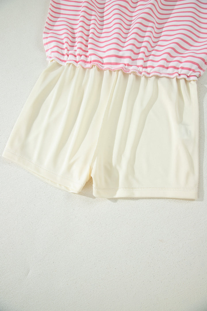Pink Stripe Polo Tee Drawstring Elastic Waist 2pcs Skort Set