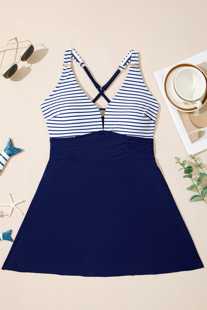 Blue Stripe Patchwork Crossed Straps One Piece Swim Dress