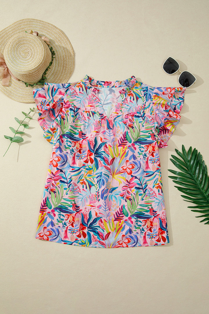 Tropical Floral Print Frilly Notched Neck Ruffled Short Sleeve Blouse