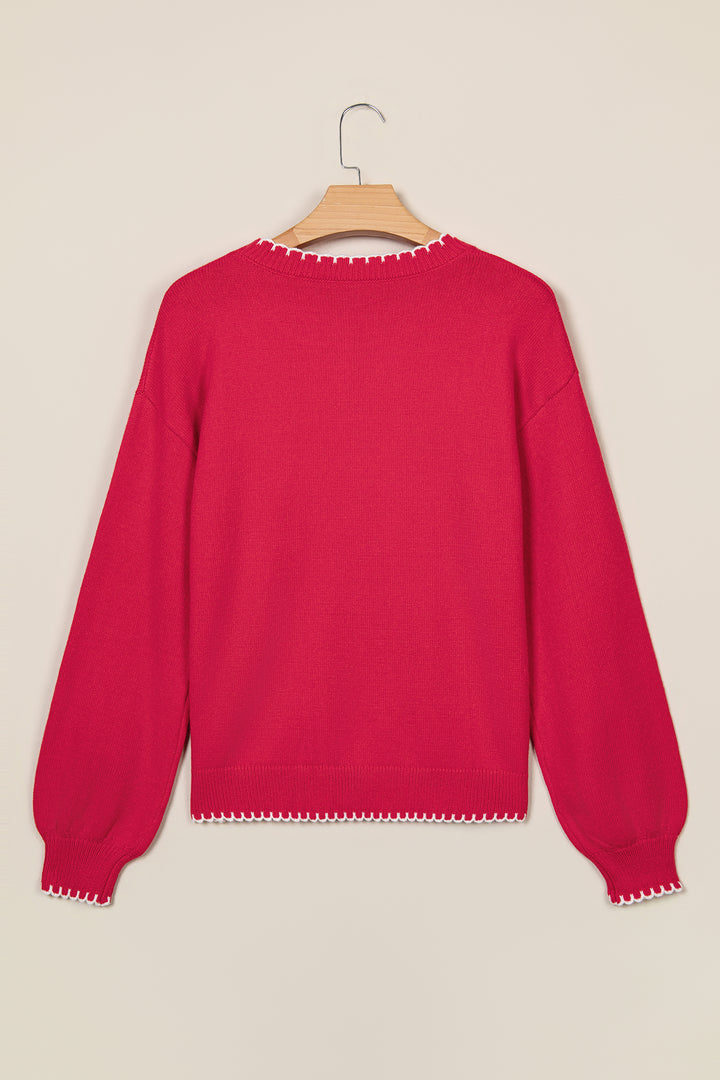 Racing Red Stitched Detail Christmas Tree Holiday Casual Sweater