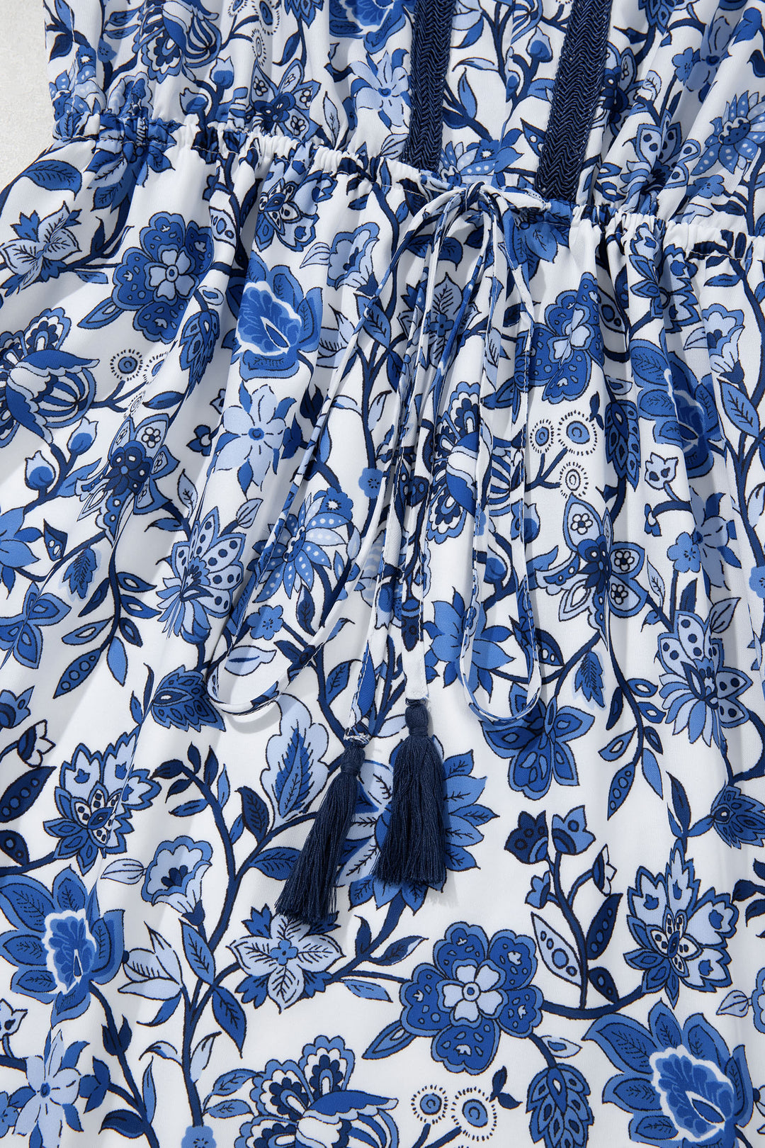 Sky Blue Abstract Print Embroidered Trim V Neck Drawstring High Waist Loose Vacation Dress