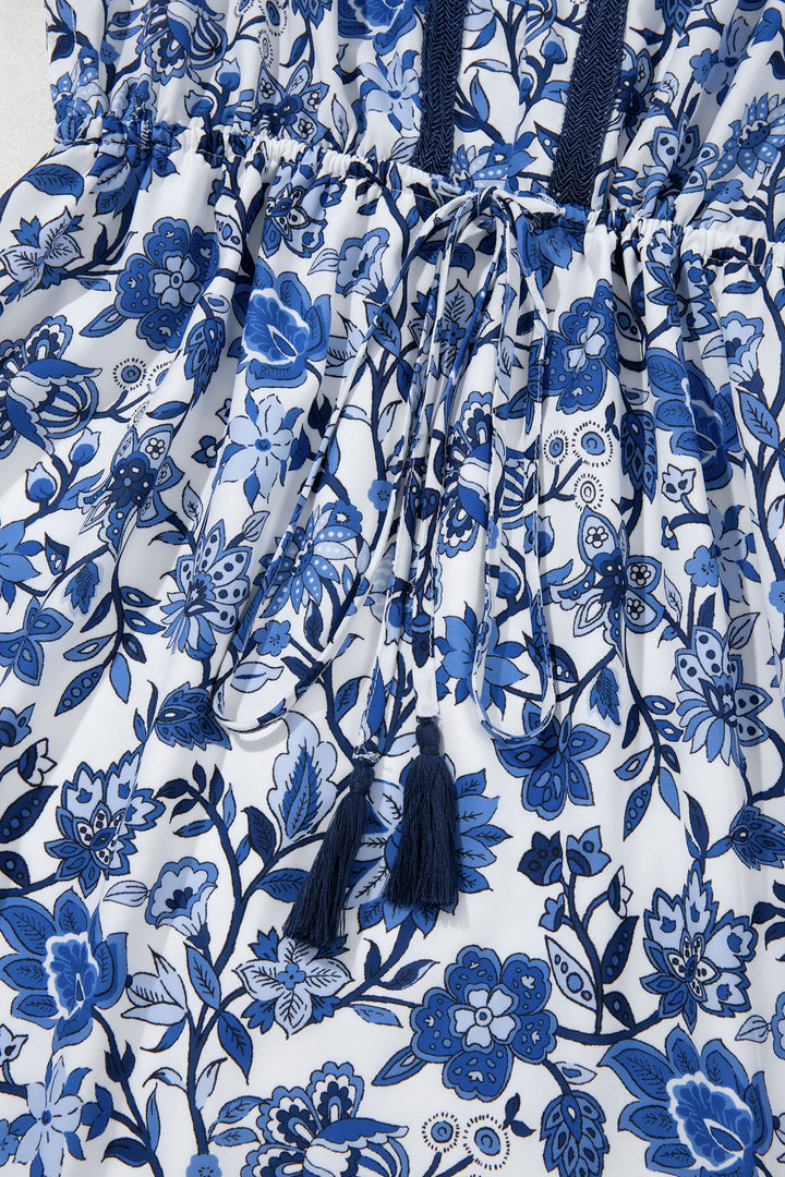 Sky Blue Abstract Print Embroidered Trim V Neck Drawstring High Waist Loose Vacation Dress