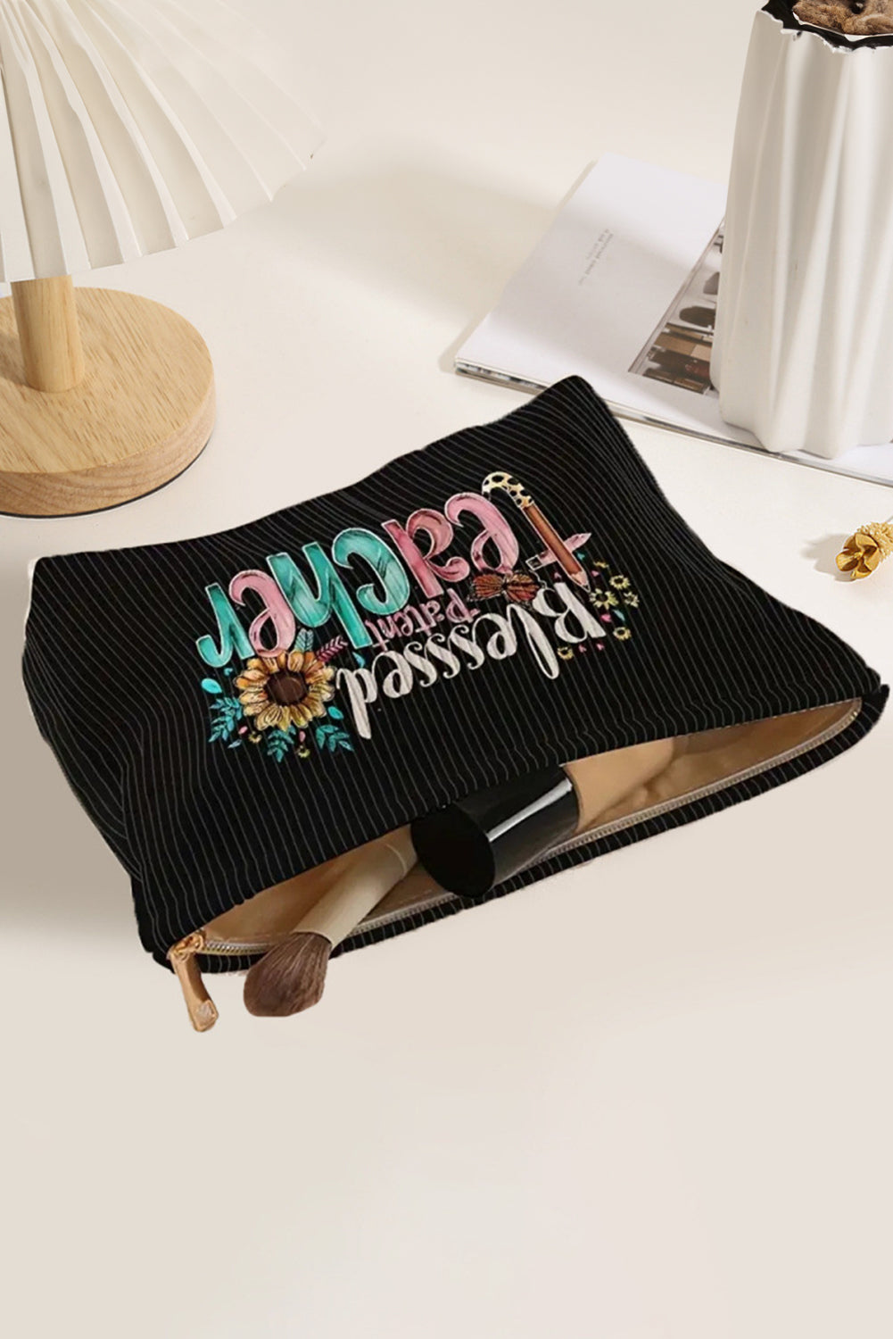 Blessed Teacher Flower Pencil Print Corduroy Storage Bag