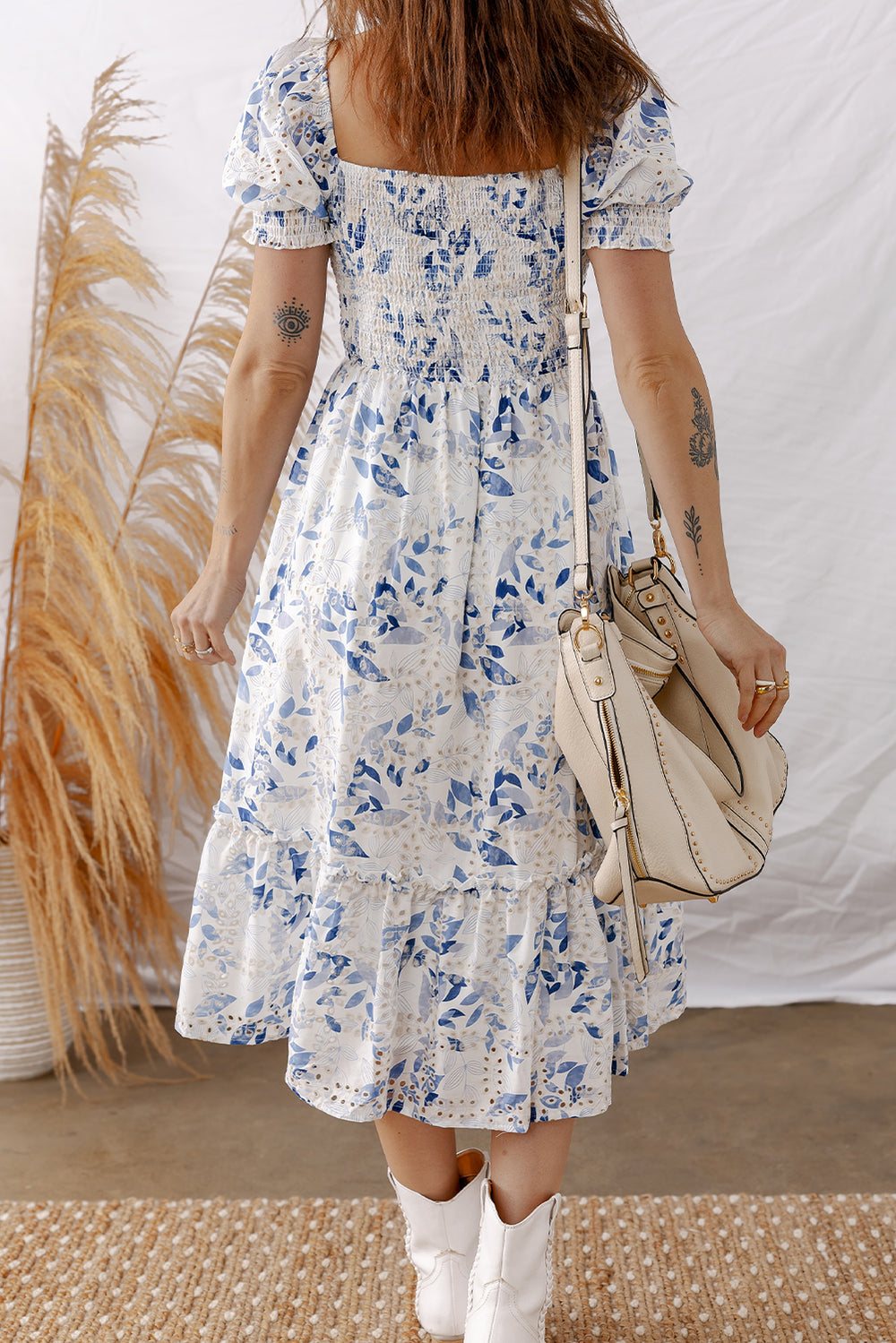 Smocked Bodice Short Puff Sleeve Tiered Floral Midi Dress