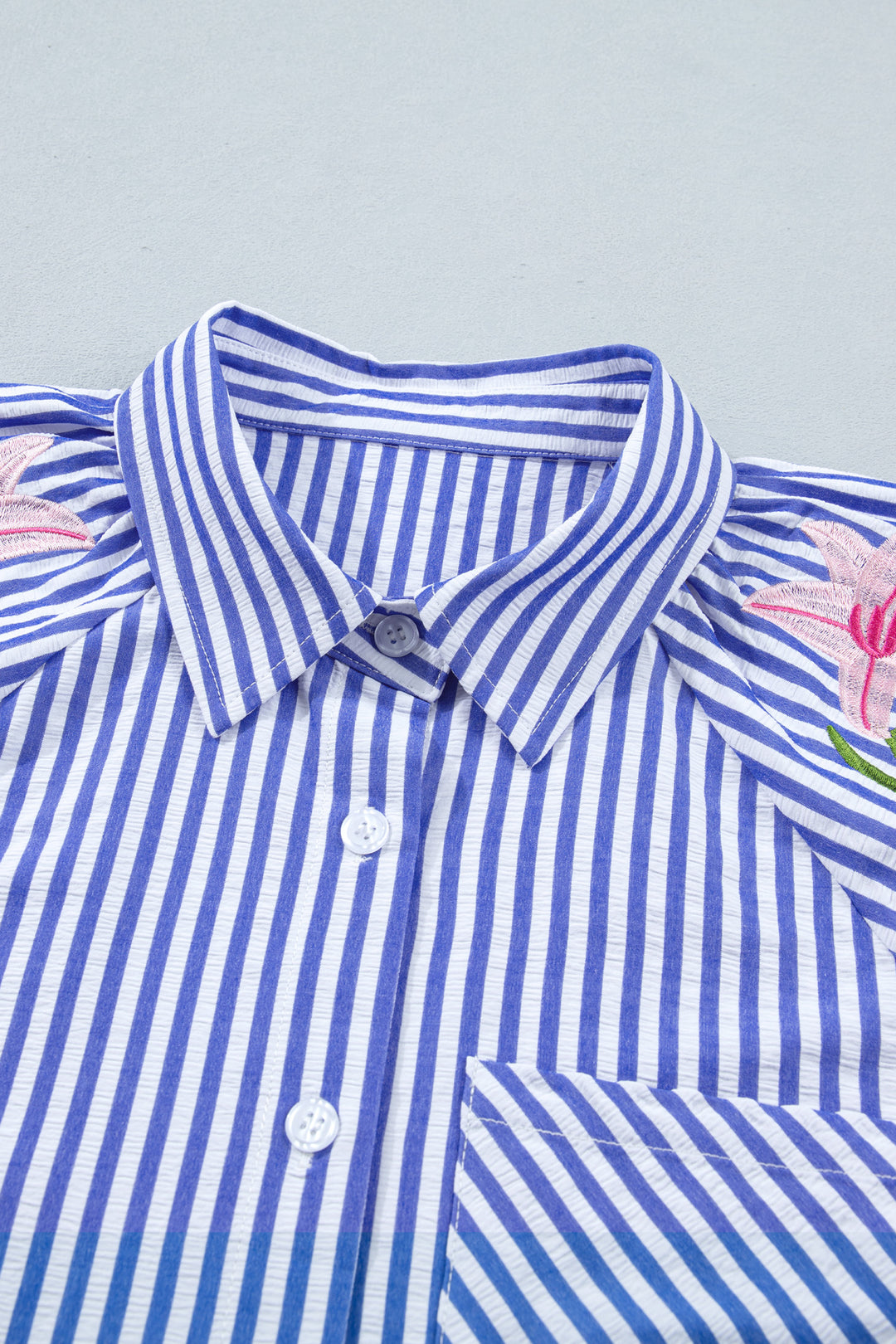 Sky Blue Stripe Lily Floral Embroidered Puff Sleeve Button Down Shirt