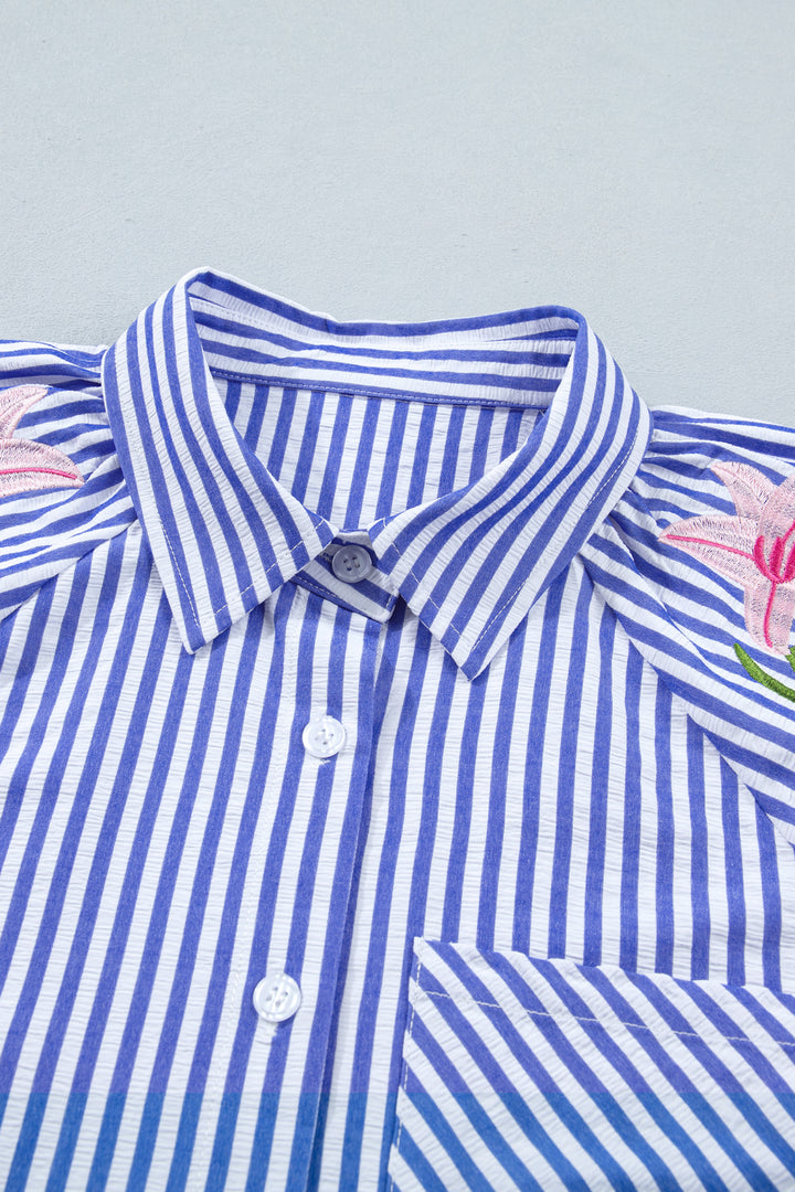 Sky Blue Stripe Lily Floral Embroidered Puff Sleeve Button Down Shirt