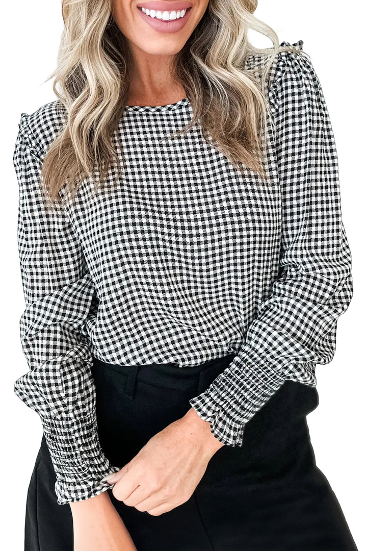 Black Plaid Shirred Cuff Long Sleeve Round Neck Blouse