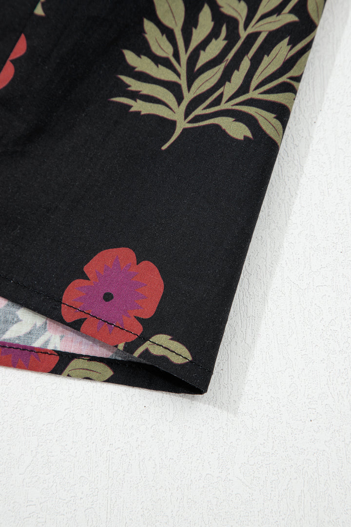 Black Floral Short Bubble Sleeve Tiered Maxi Dress