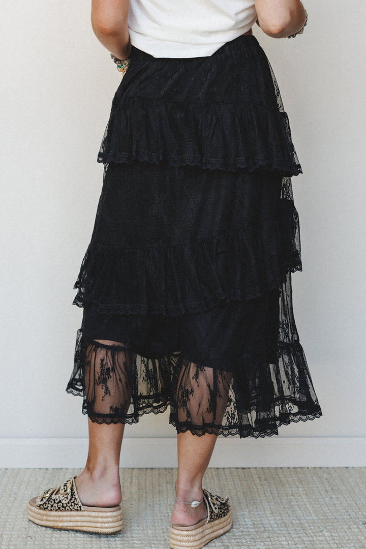Chic Black Elegant Ruffle Lace Tiered Skirt