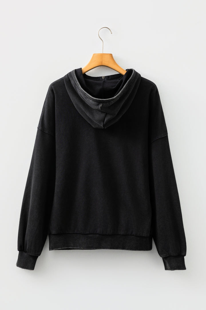 Black Half Zip Kangaroo Pocket Mineral Wash Baggy Hoodie
