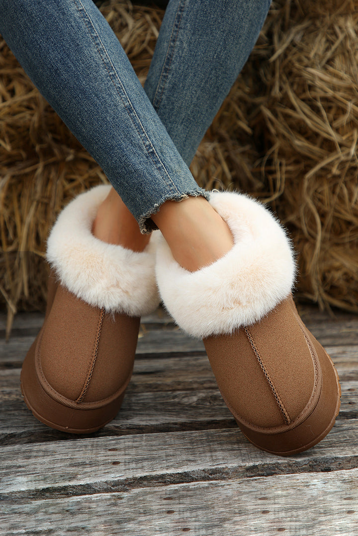 Plush Suede Trim Thick Sole Flat Snow Boots