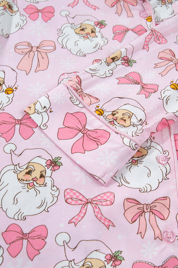 Pink Abstract Santa Print Long Sleeve Full-Length 2Pcs Lounge Set