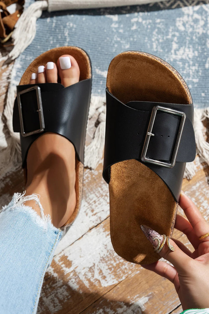 Retro Geometric Print Buckle Strap Flat Slippers