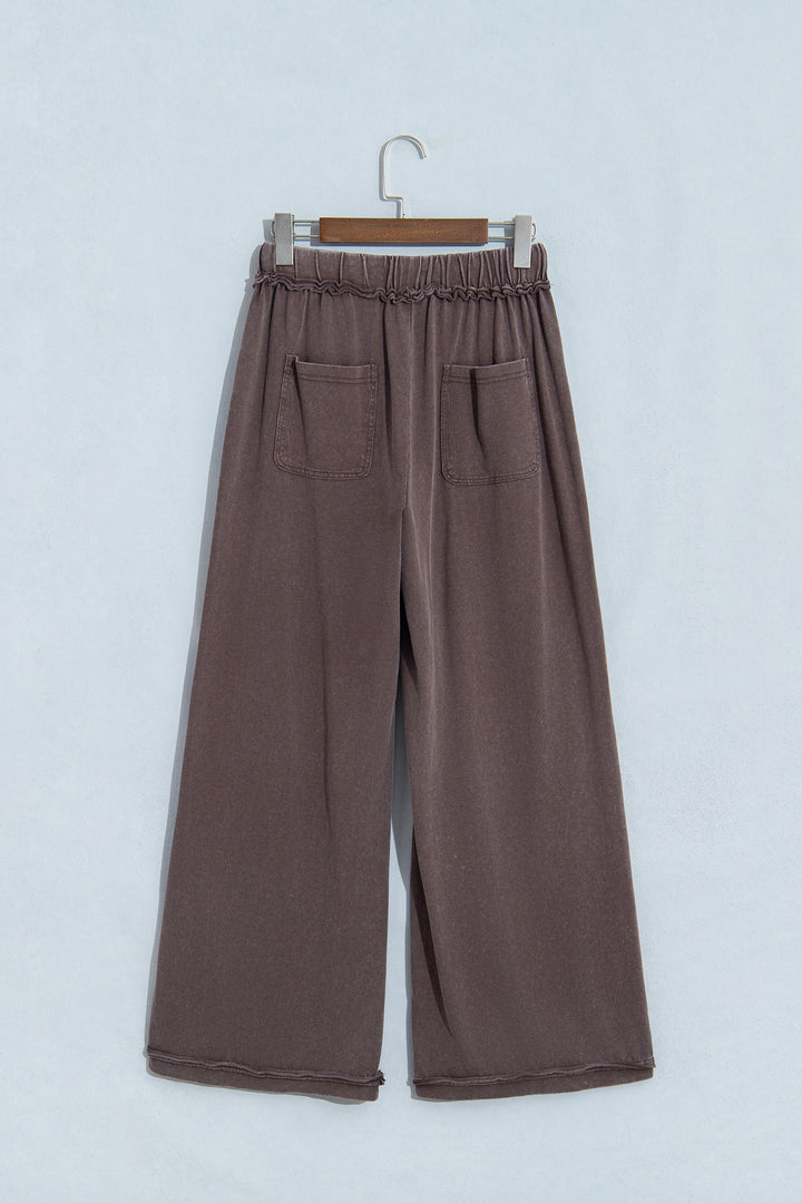 Coffee Mineral Wash Seam Detail Flare Leg Drawstring Pants