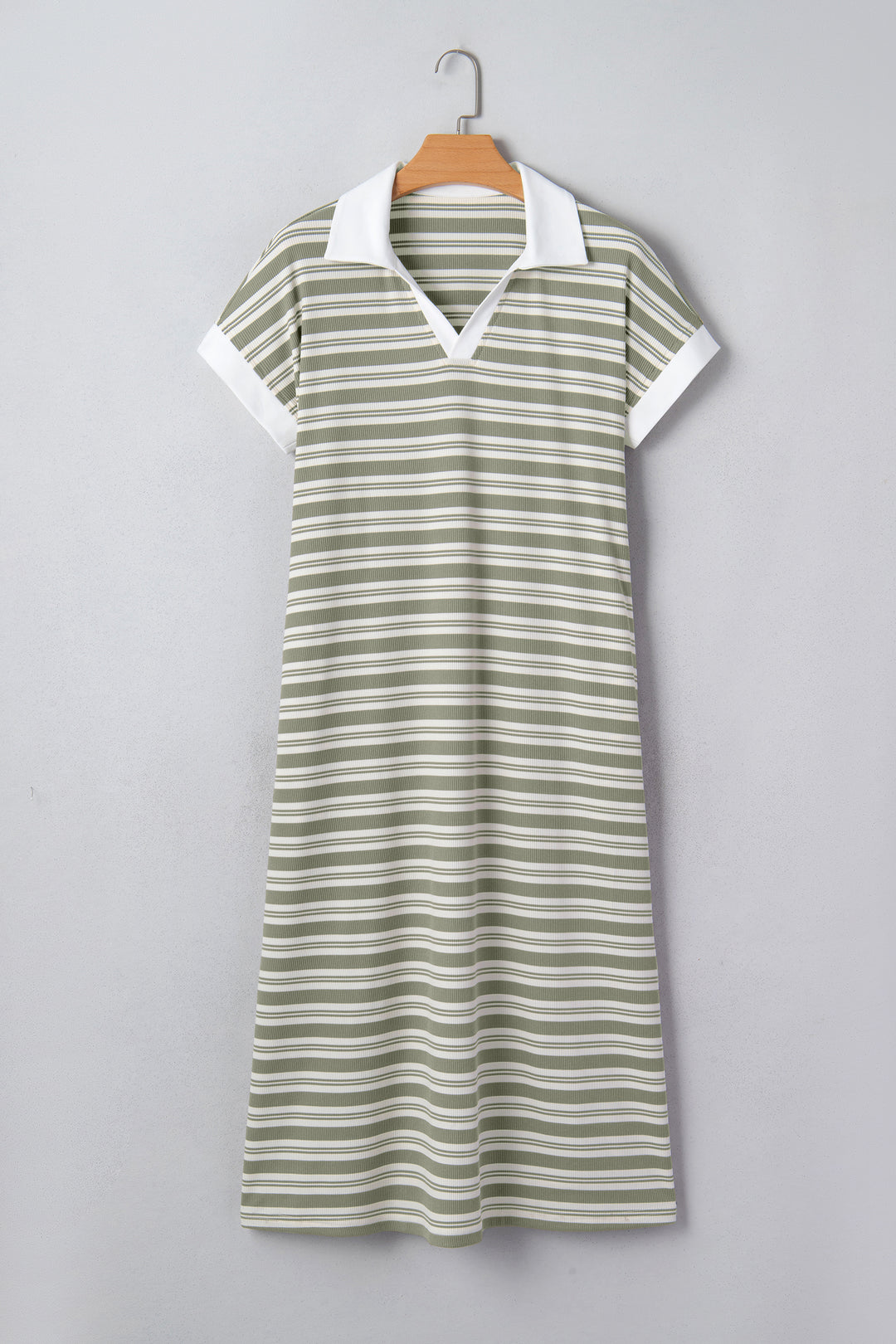Collared V Neck Short Sleeve T Shirt Midi Dress with Pockets