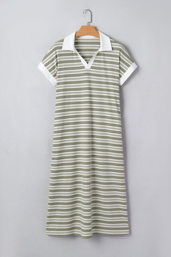 Collared V Neck Short Sleeve T Shirt Midi Dress with Pockets