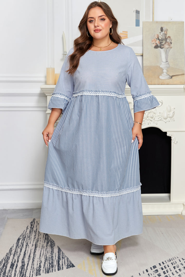 Sky Blue Stripe Crisscross Lace Detail Plus Size Shift Long Dress