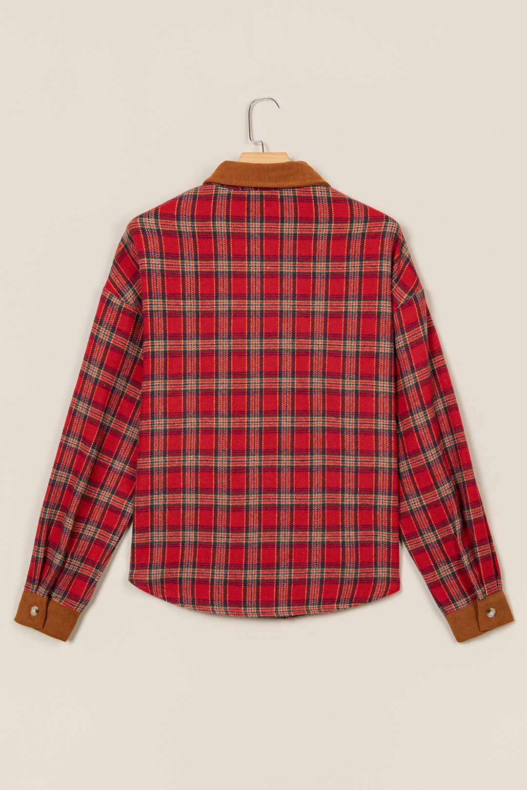 Red Casual Plaid Color Block Collared Button Shacket