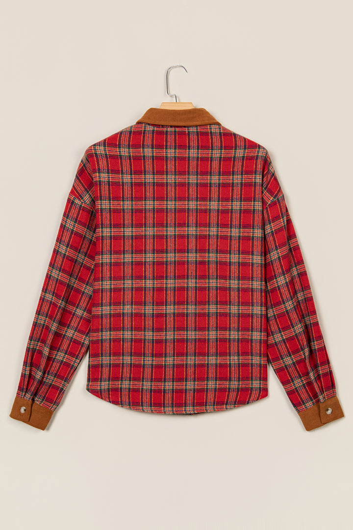 Red Casual Plaid Color Block Collared Button Shacket