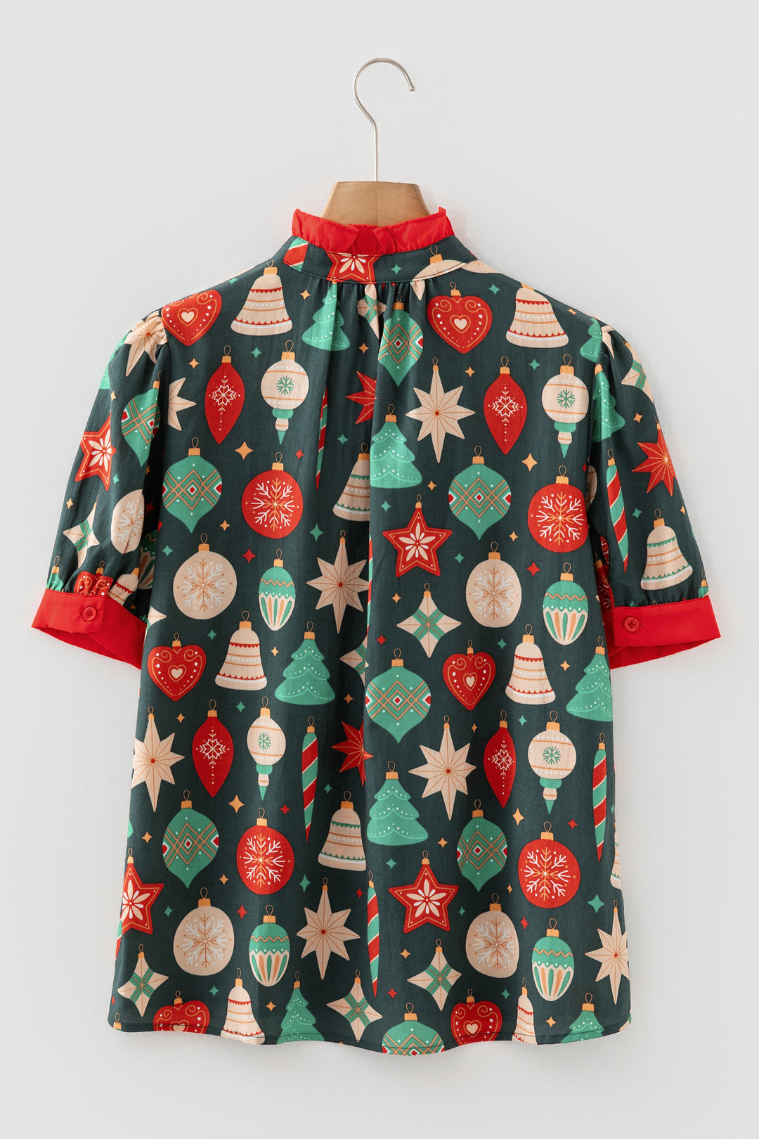Christmas Fashion Print Contrast Trim Frilled Neck Short Sleeve Blouse