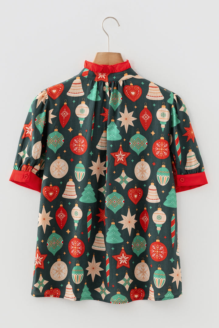 Christmas Fashion Print Contrast Trim Frilled Neck Short Sleeve Blouse