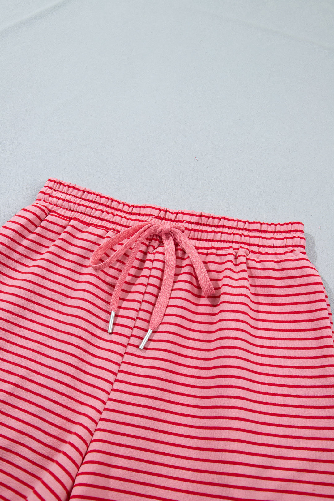 Pink Stripe Ribbed Patchwork Mock Neck Baggy Pullover Matching Shorts Set