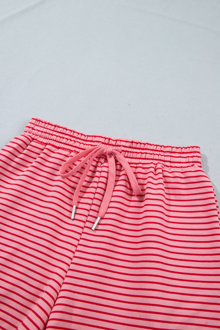 Pink Stripe Ribbed Patchwork Mock Neck Baggy Pullover Matching Shorts Set