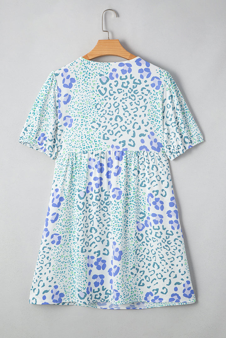 Leopard Contrast Bow Puff Sleeve Mini Dress