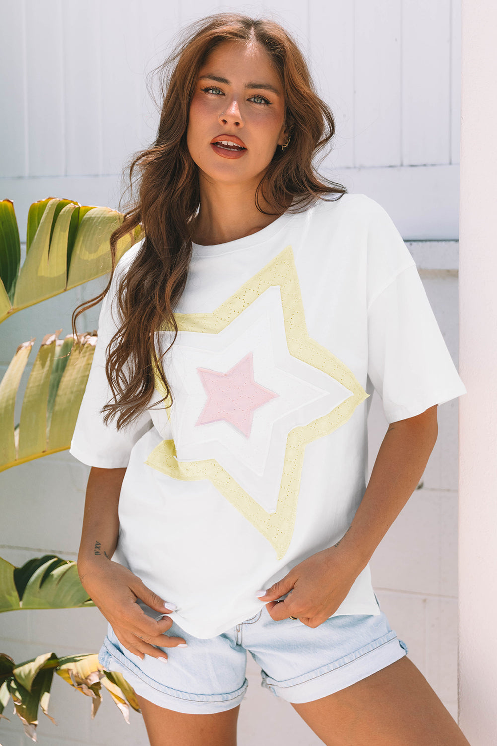 Star Layered Patched Graphic Drop Shoulder Half Sleeve Loose Tee