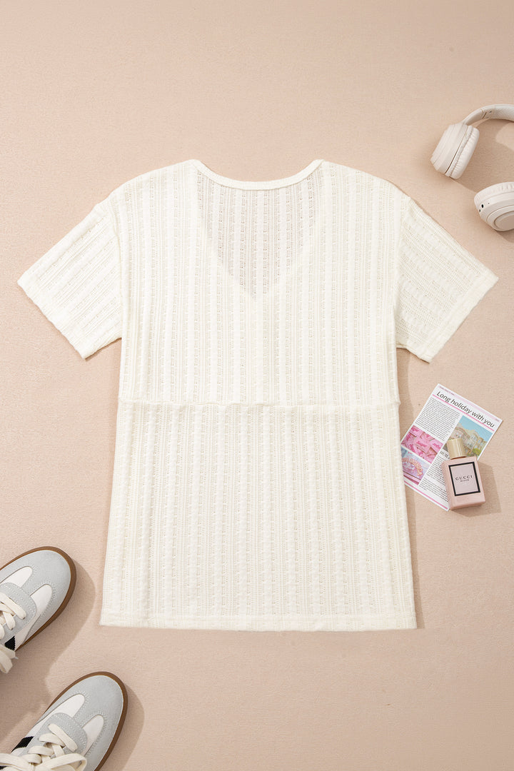 Solid Color Textured Button V Neck Raw Seam Henley Tee
