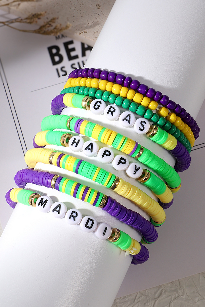 Ensemble de bracelets superposés en perles Happy Mardi Gras