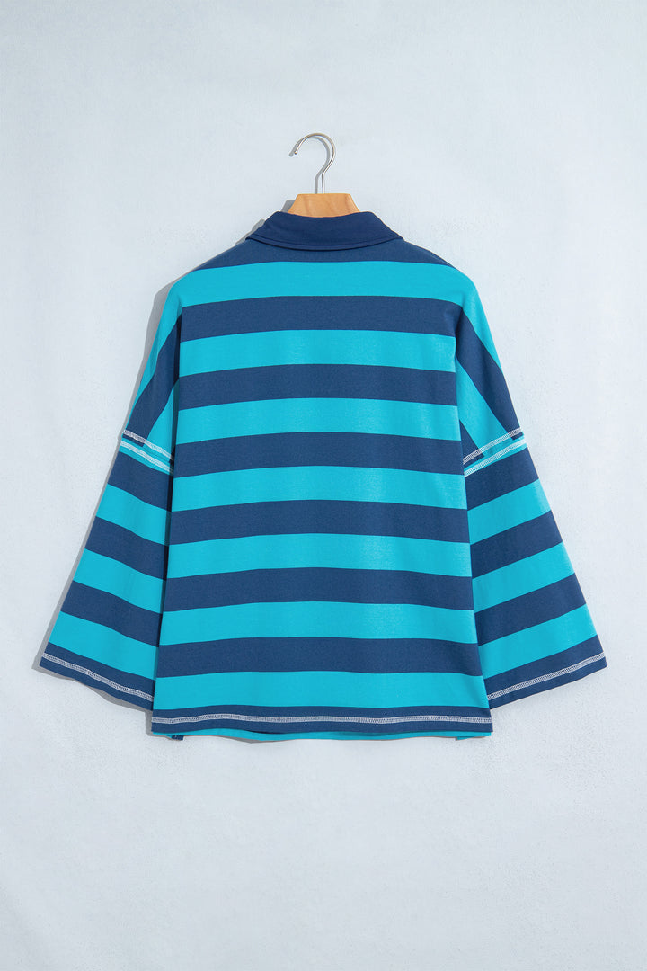 Blue Stripe Contrast Polo Collar Bracelet Sleeve Loose Top