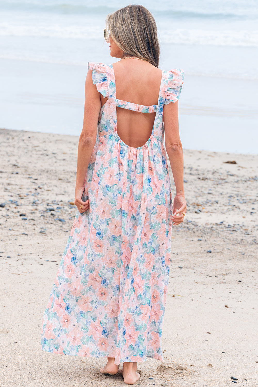 floral print square neck backless long dress with slit