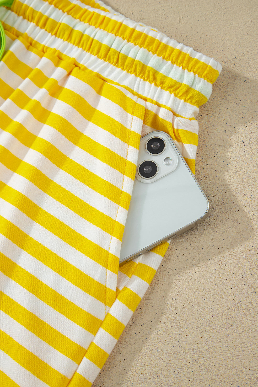 Yellow Stripe Contrast Neck Loose Tee and Drawstring Shorts Set