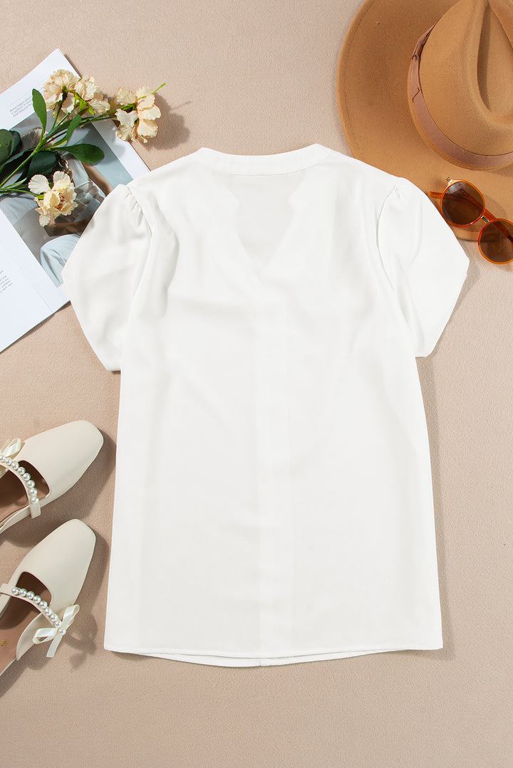 White Silky Notched Neckline Petal Sleeve Blouse