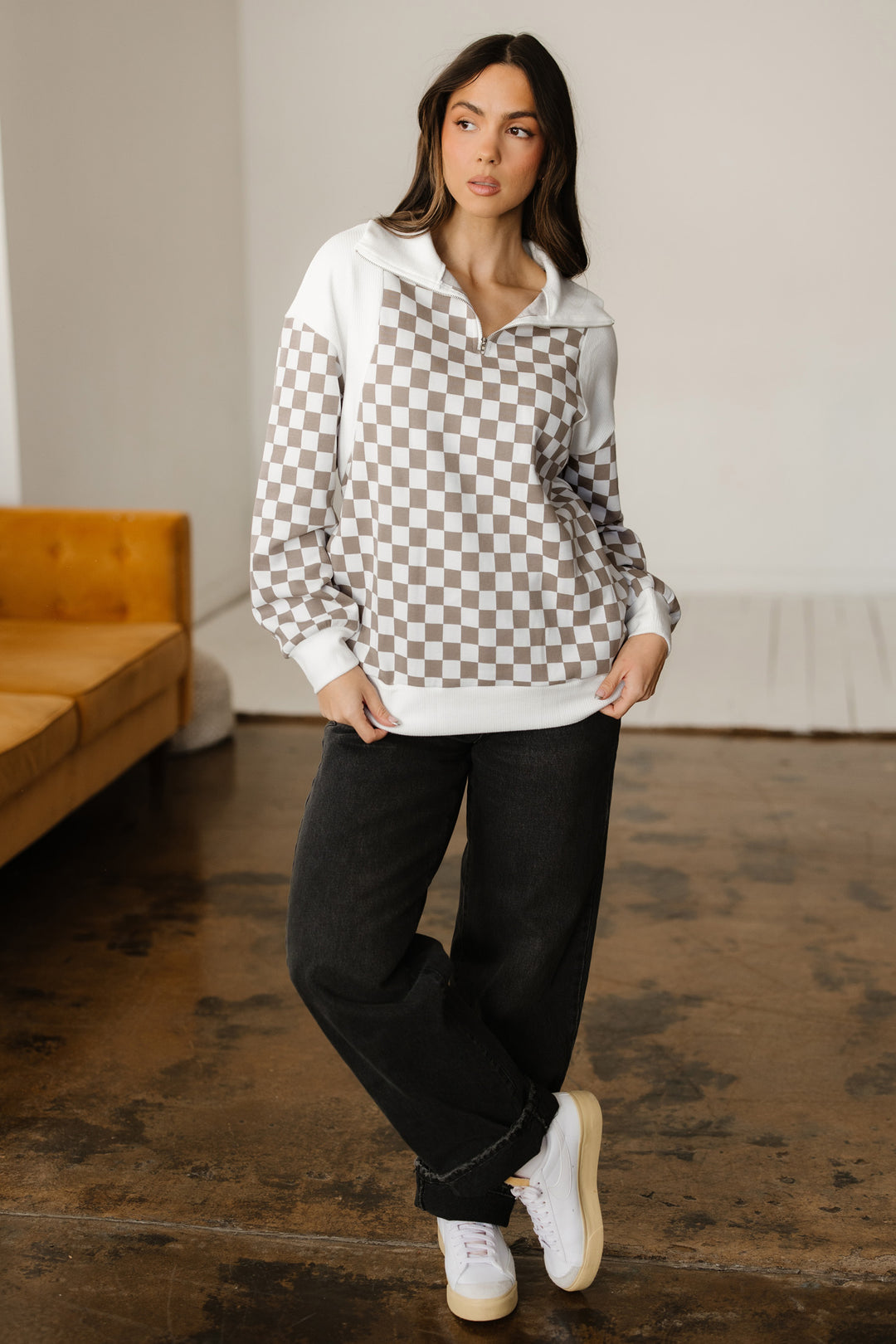 Checkered Print Quarter Zip Ribbed Patchwork Loose Sweatshirt