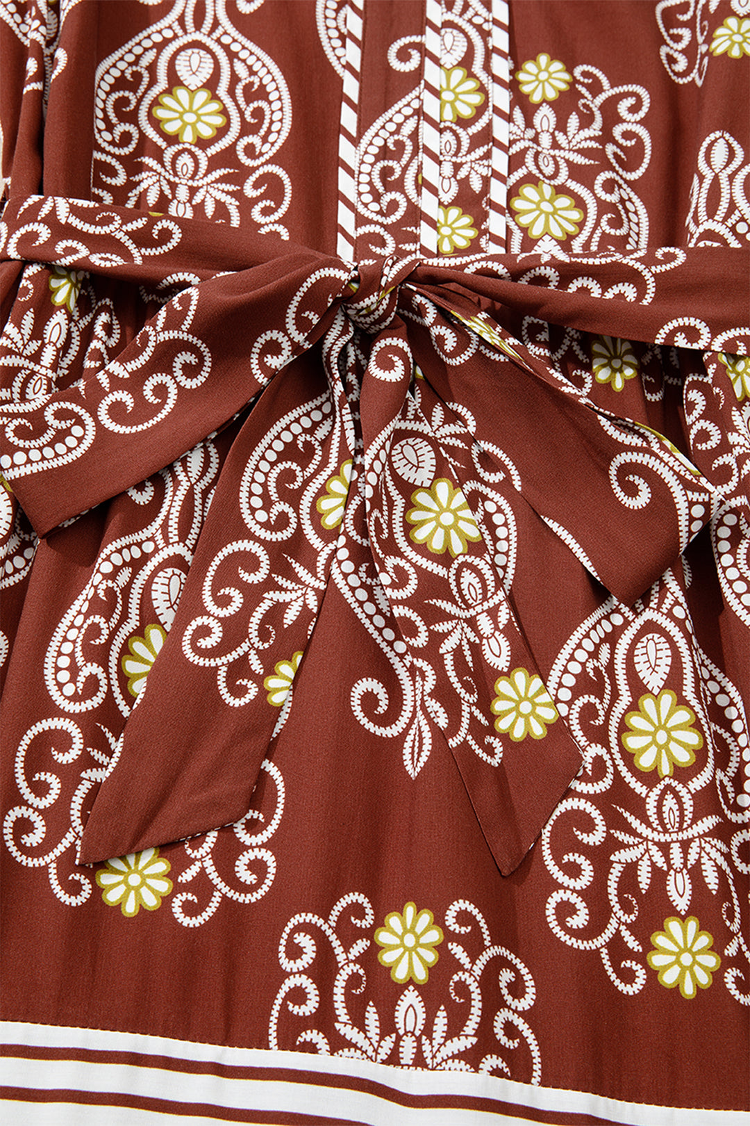 Floral Print Belted Striped Trim Tiered Maxi Dress