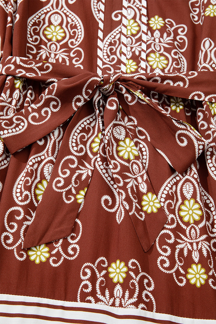 Floral Print Belted Striped Trim Tiered Maxi Dress