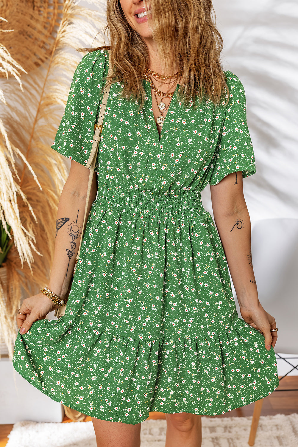 Floral Print Wrap V Neck Short Sleeve High Waistband Mini Dress