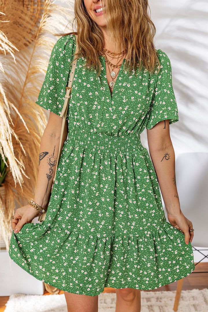 Floral Print Wrap V Neck Short Sleeve High Waistband Mini Dress