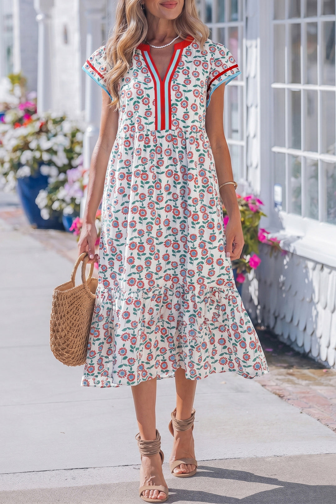 Red Cute Sunflower Printed Striped Trim Flutter Sleeve Long Dress