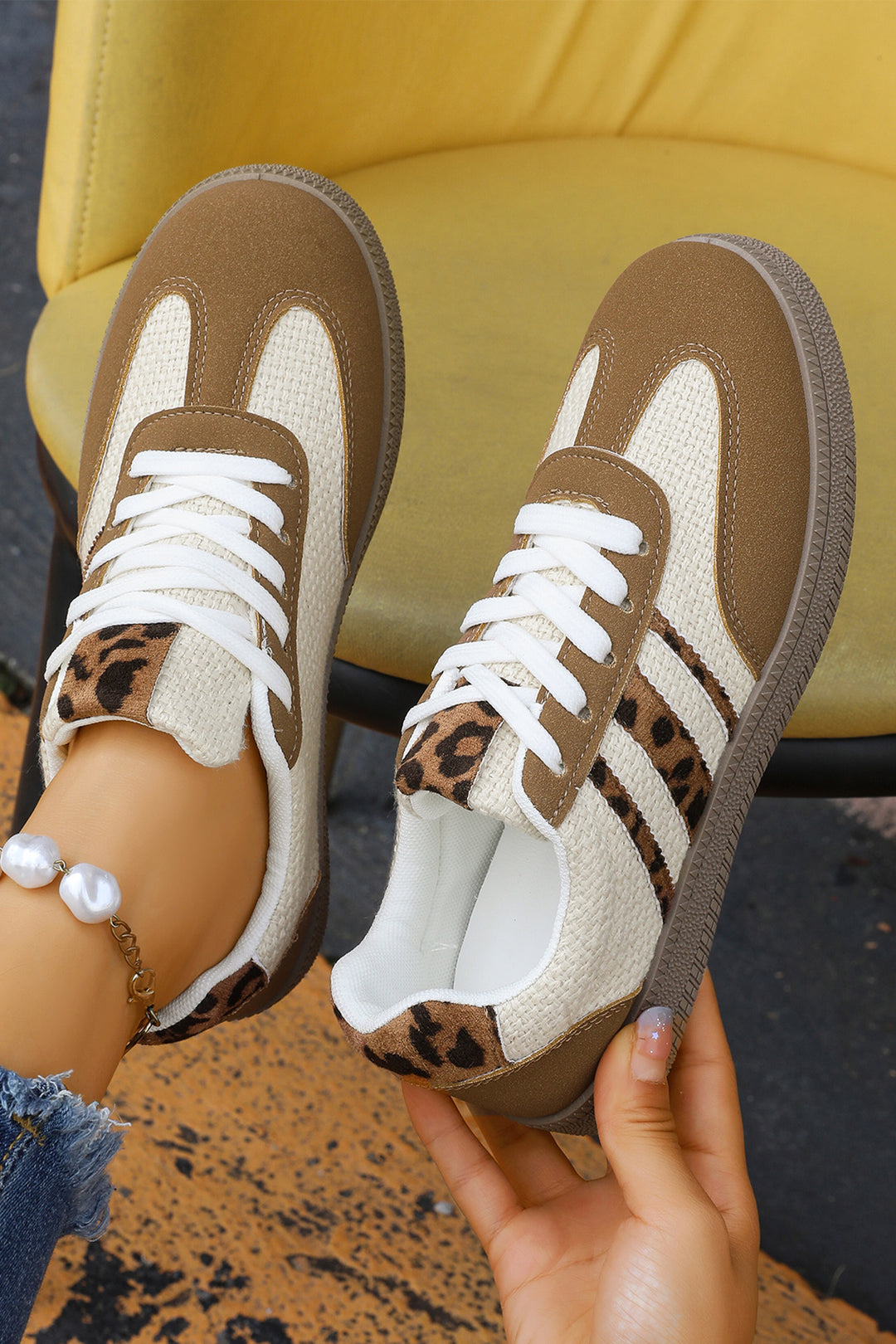 Color Block Leopard Patchwork Lace-up Flat Shoes