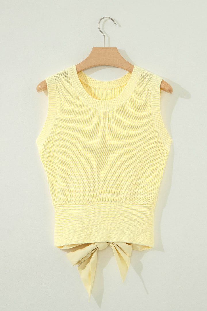 Yellow Cream Solid Color Cropped Knit Knot Back Cutout Sweater Tank