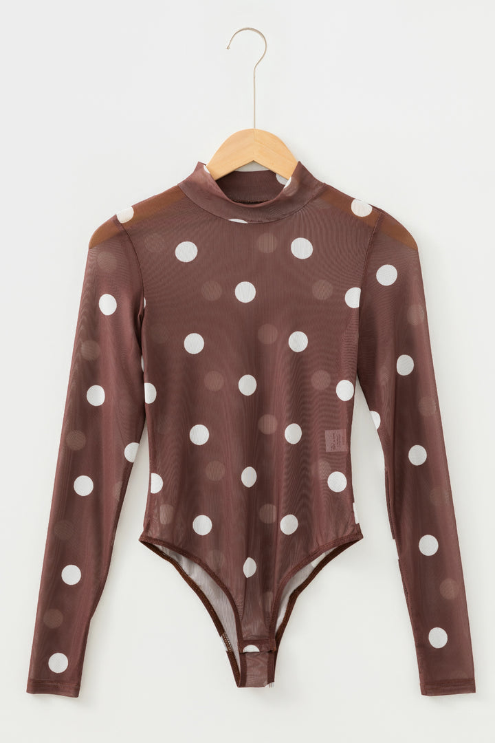 Brown Vintage Polka Dot Print Mesh Long Sleeve Bodysuit