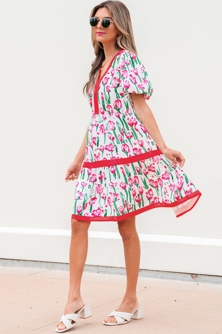 floral print contrast trim v neck bubble short sleeve babydoll dress