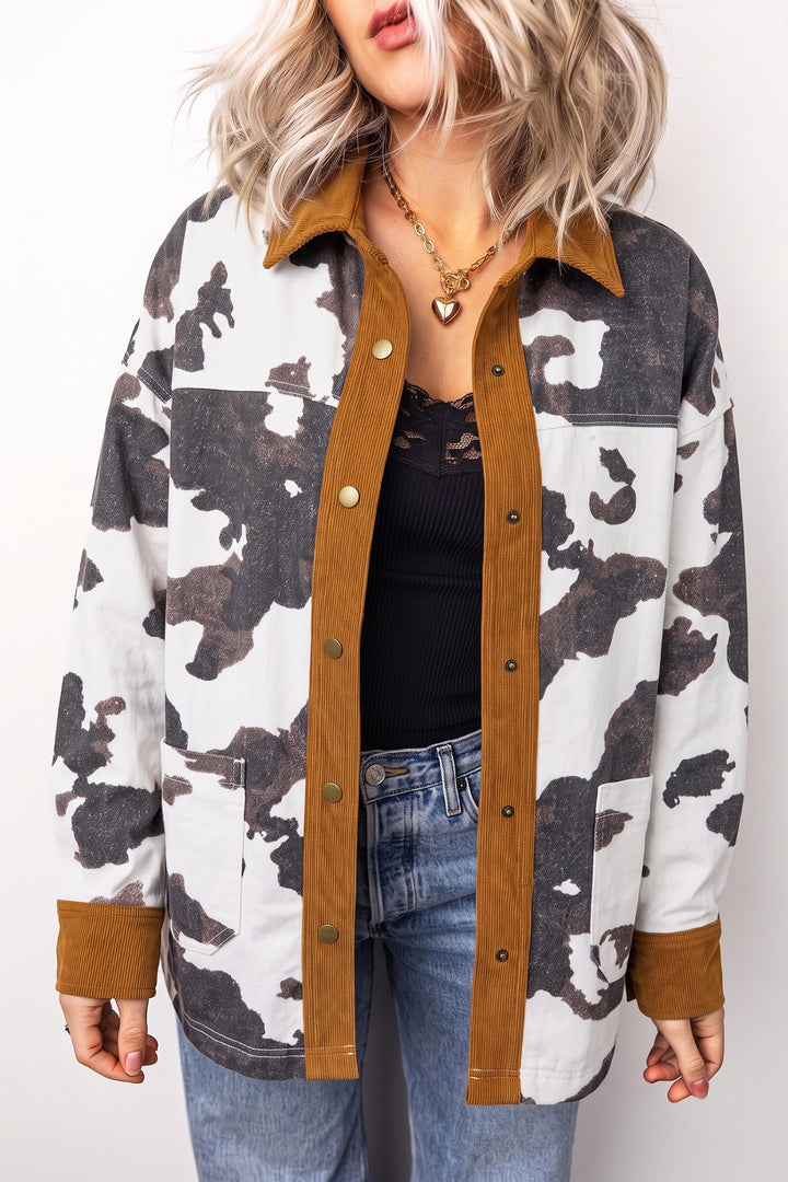 Multicolour Western Cow Print Button-Up Denim Jacket