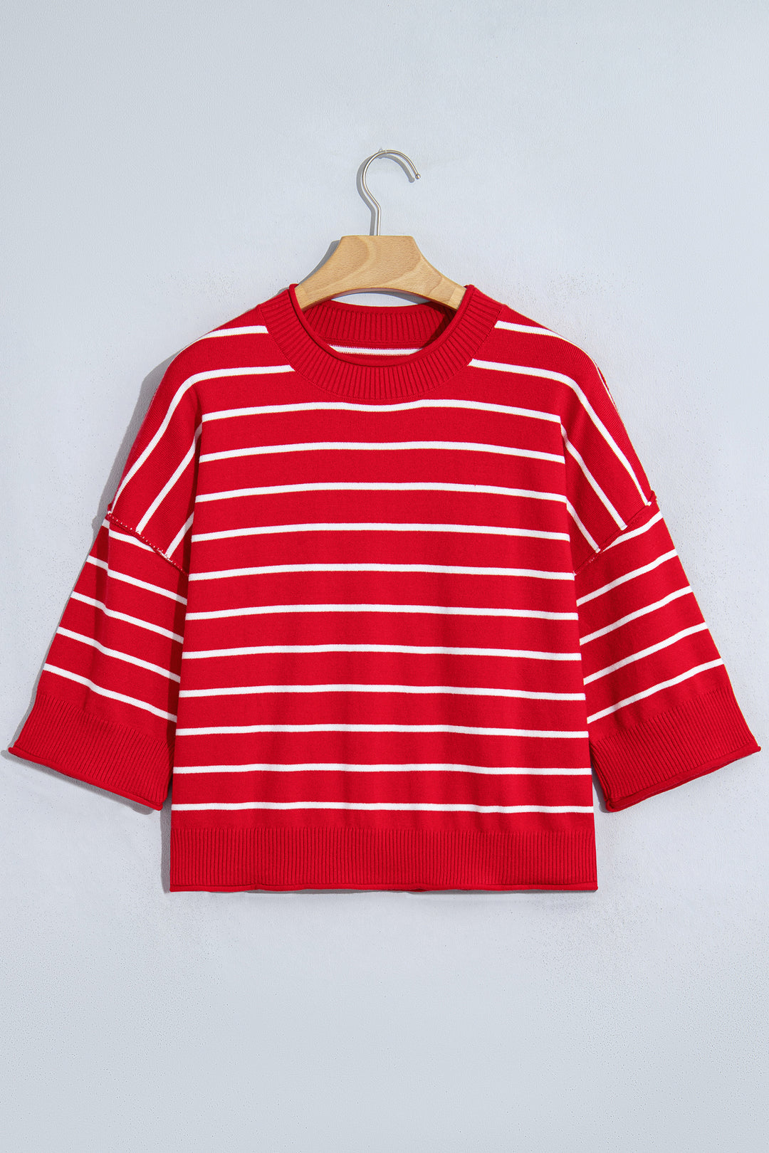 Red Stripe Dropped Shoulder Half Sleeve Relaxed Knit Sweater